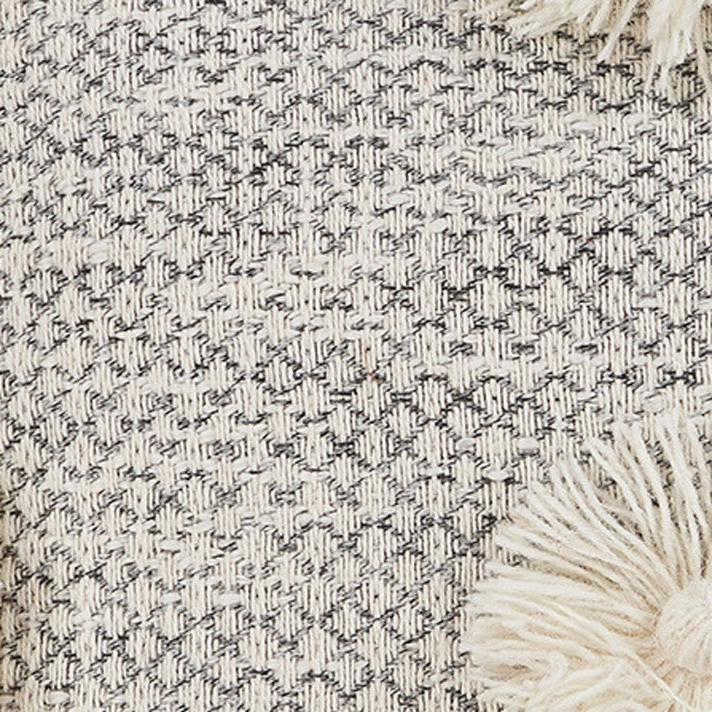 Set of Two Gray and Ivory Floral Cotton Throw Pillows With Fringe