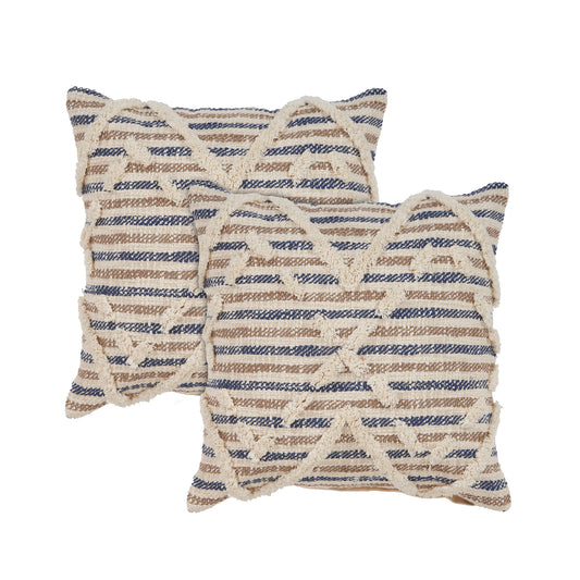 Set of Two Blue Diamond Cotton Throw Pillow With Fringe