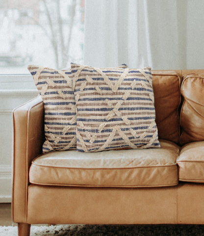 Set of Two Blue Diamond Cotton Throw Pillow With Fringe