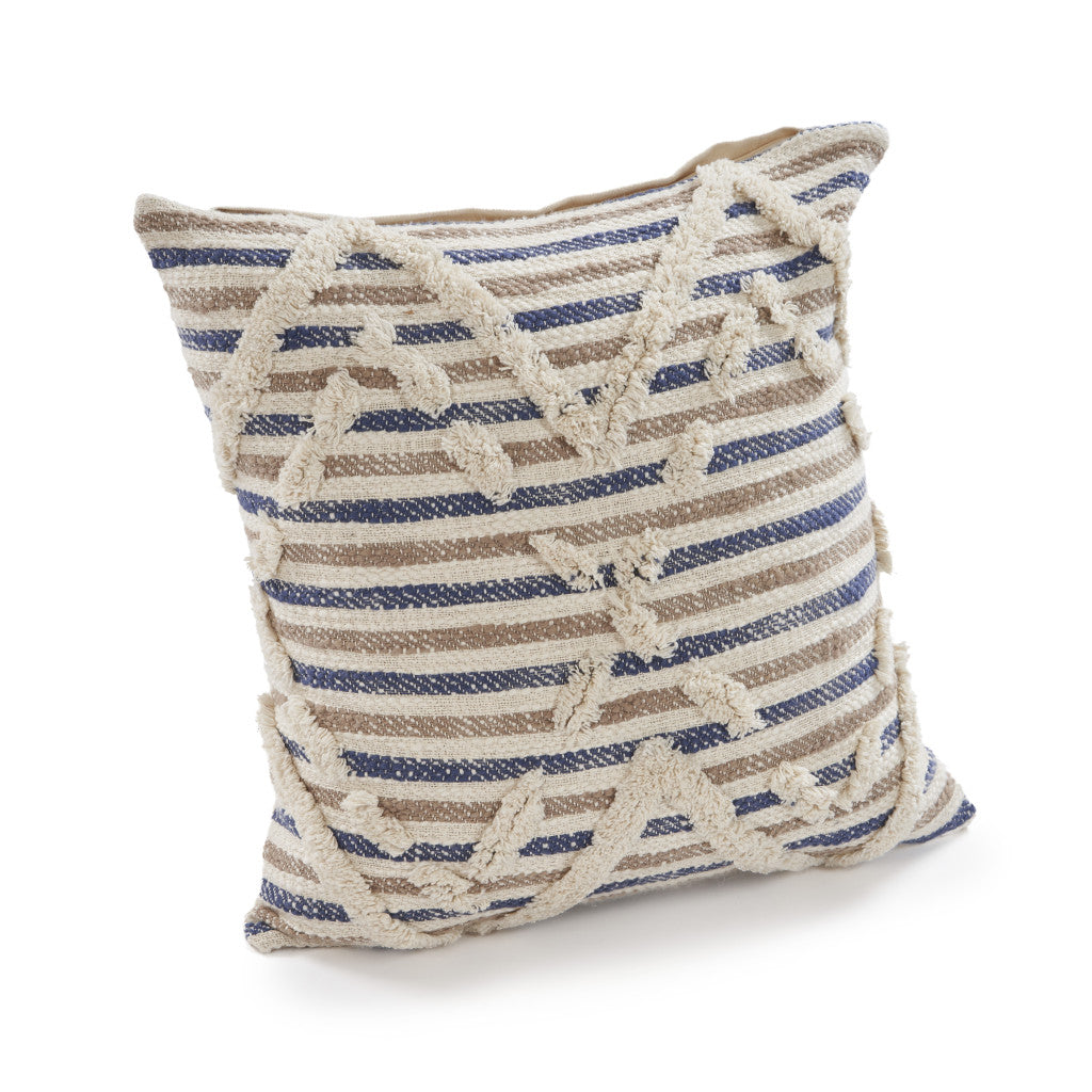 Set of Two Blue Diamond Cotton Throw Pillow With Fringe