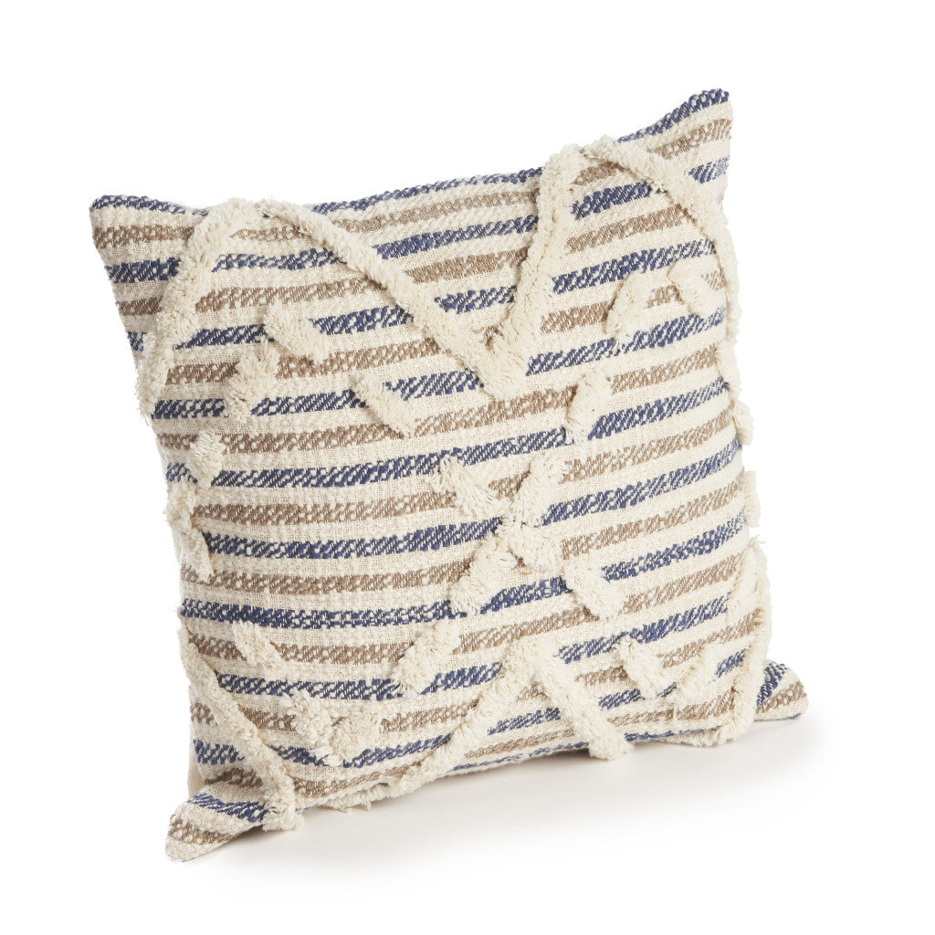 Set of Two Blue Diamond Cotton Throw Pillow With Fringe