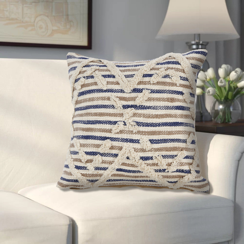 Set of Two Blue Diamond Cotton Throw Pillow With Fringe