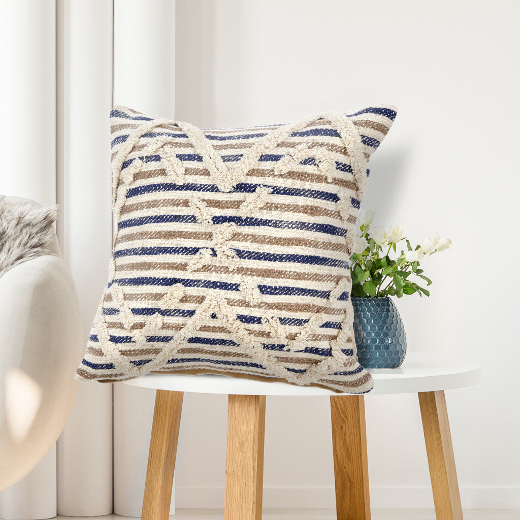 Set of Two Blue Diamond Cotton Throw Pillow With Fringe