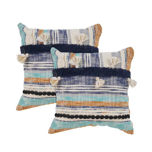 Set of Two Blue Striped Cotton Throw Pillow With Tassels