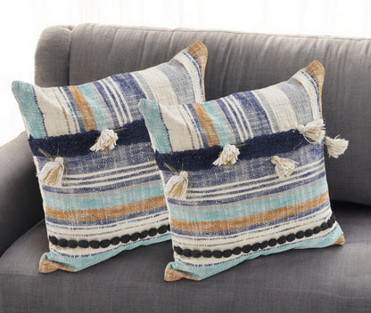 Set of Two Blue Striped Cotton Throw Pillow With Tassels