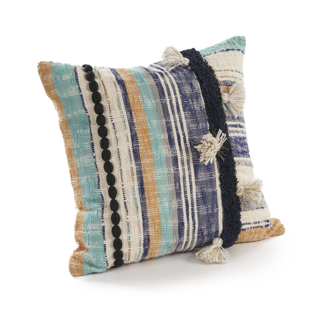 Set of Two Blue Striped Cotton Throw Pillow With Tassels