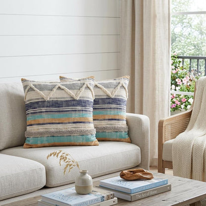 Set of Two Blue Striped Cotton Throw Pillow With Fringe