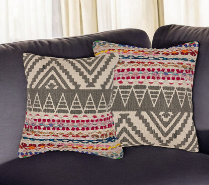 Set of Two Gray Chevron Cotton Throw Pillow