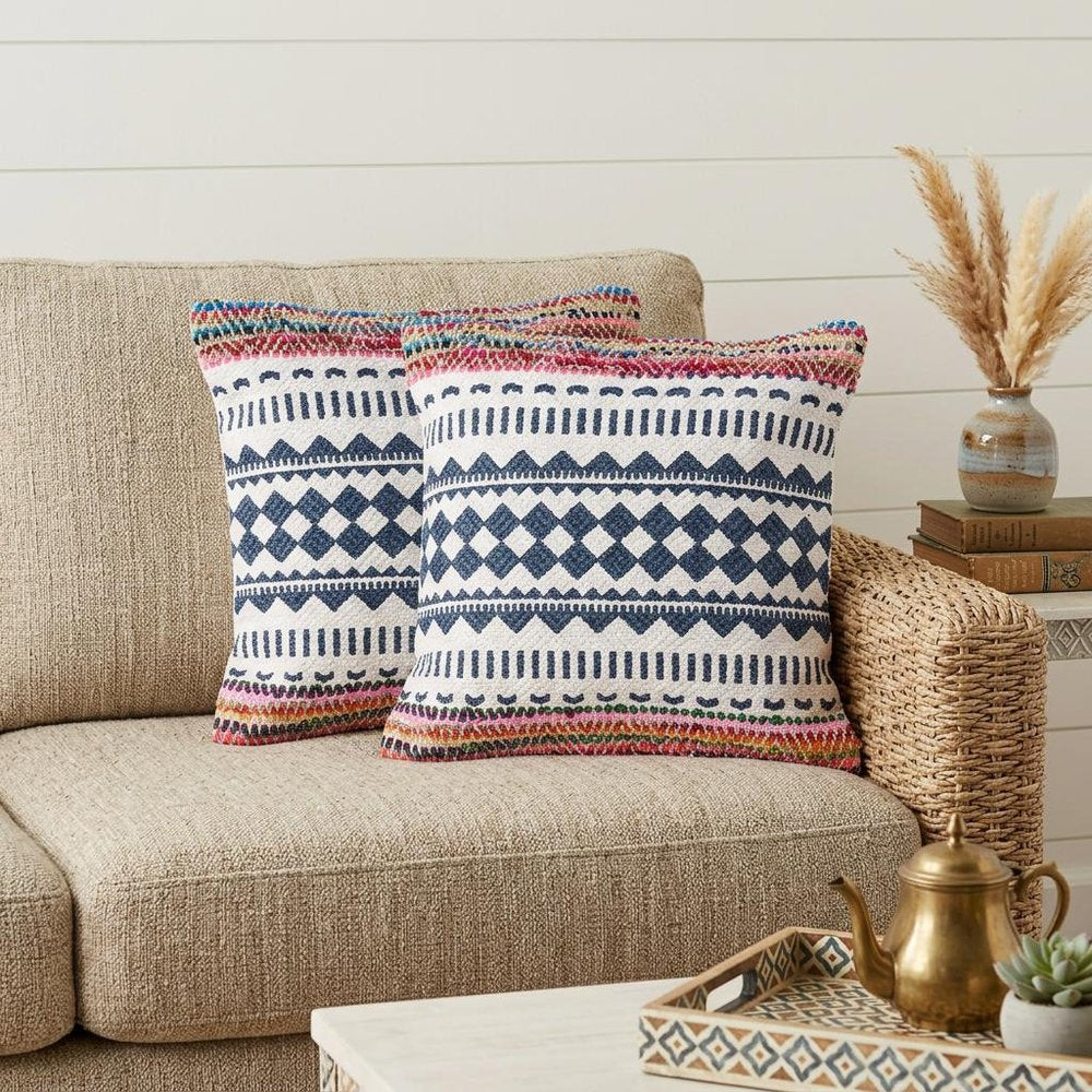 Set of Two Blue Geometric Cotton Throw Pillow