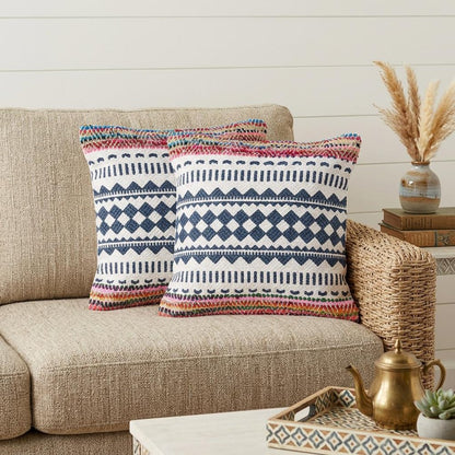 Set of Two Blue Geometric Cotton Throw Pillow