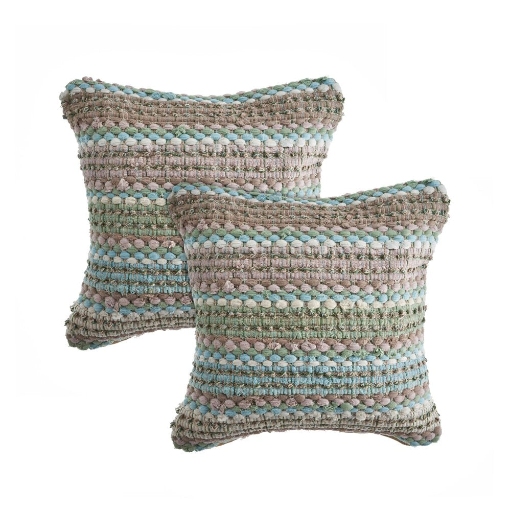 Set of Two 18" Beige Blue and Green Striped Cotton Blend Throw Pillows