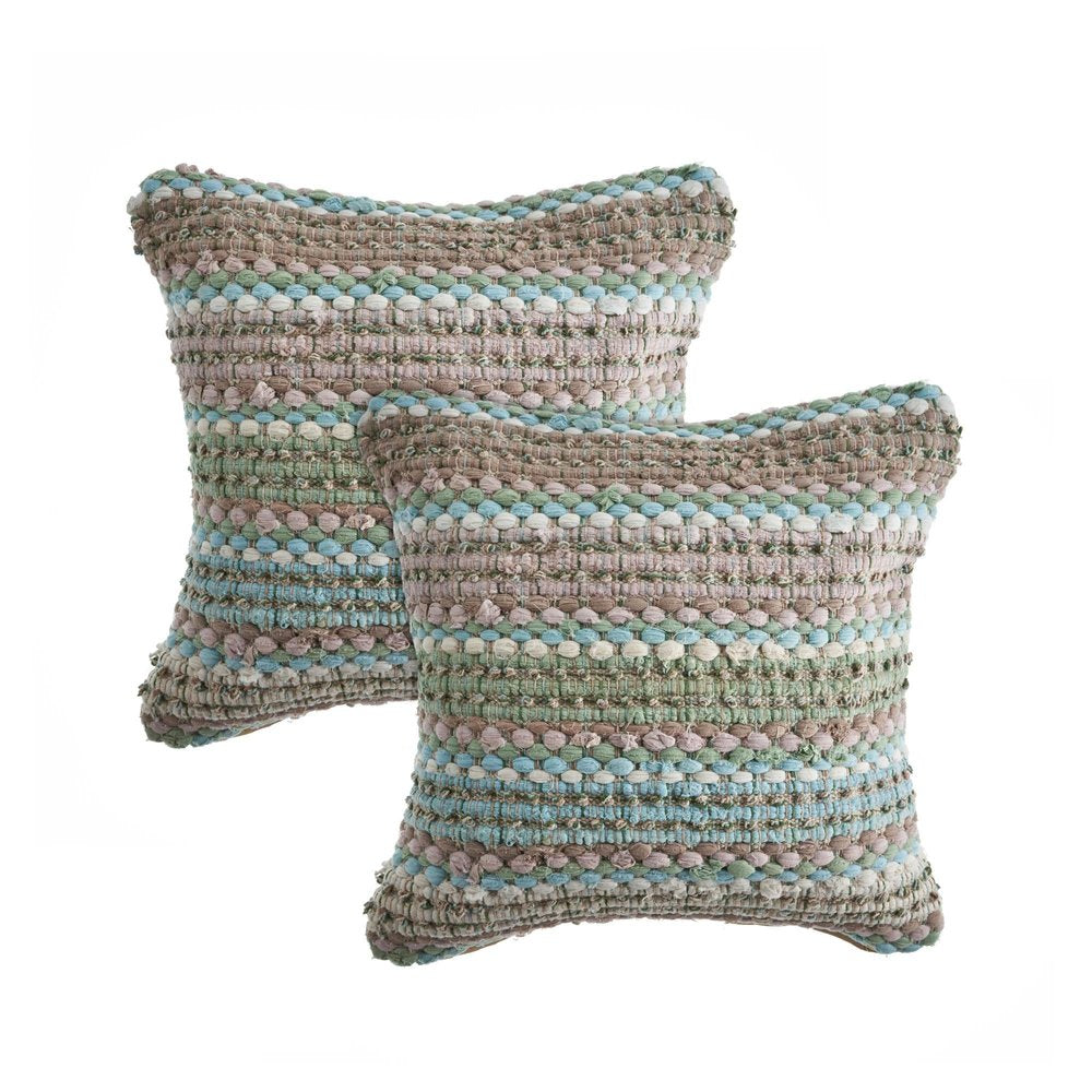 Set of Two 18" Beige Blue and Green Striped Cotton Blend Throw Pillows