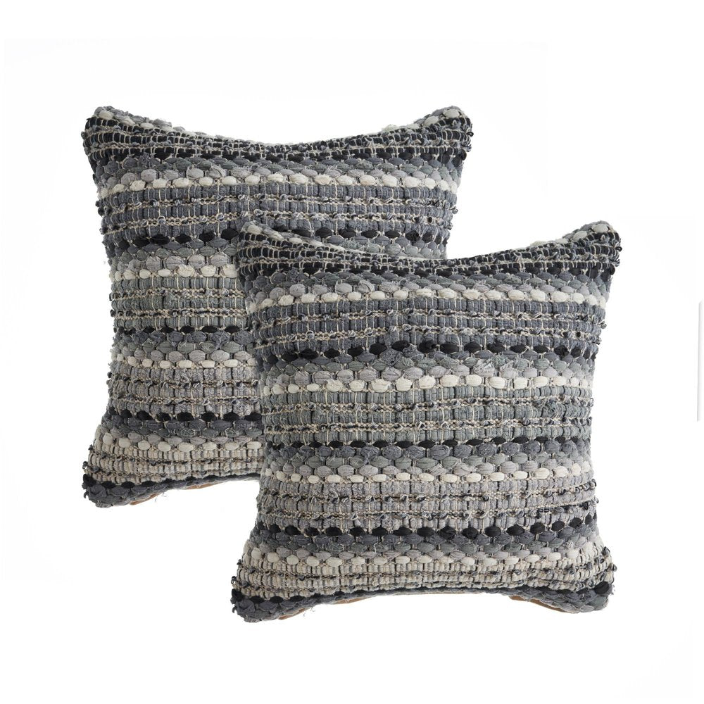 Set of Two 18" Black Gray and Ivory Striped Cotton Blend Throw Pillows with Texture