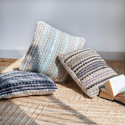 Set of Two 18" Black Gray and Ivory Striped Cotton Blend Throw Pillows with Texture