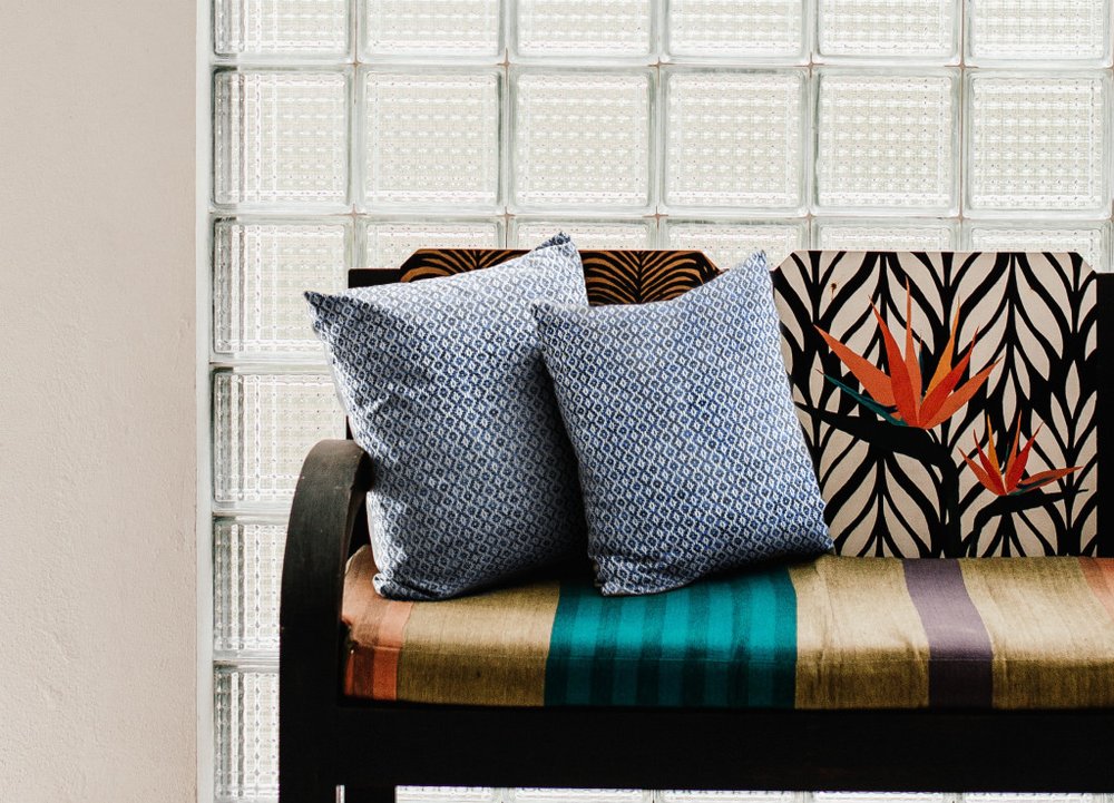 Set of Two Blue Chevron Cotton Throw Pillows