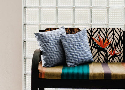 Set of Two Blue Chevron Cotton Throw Pillows