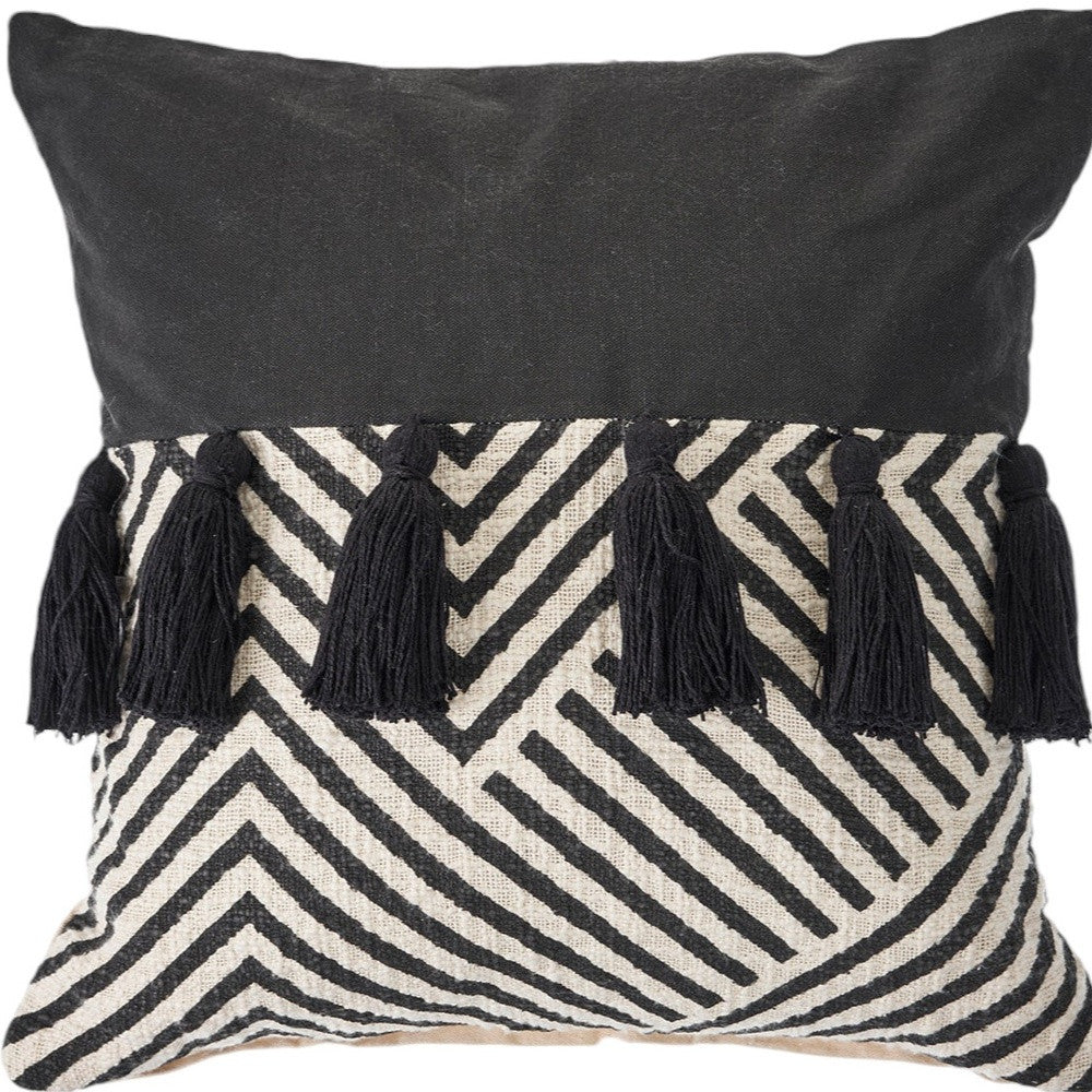 Set of Two Black and White Chevron Cotton Throw Pillow With Tassels