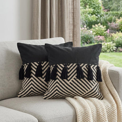 Set of Two Black and White Chevron Cotton Throw Pillow With Tassels