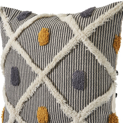 Set of Two Black and Yellow Striped Cotton Throw Pillow With Fringe