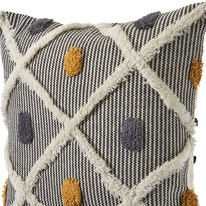 Set of Two Black and Yellow Striped Cotton Throw Pillows With Fringe