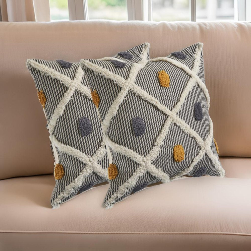 Set of Two Black and Yellow Striped Cotton Throw Pillows With Fringe