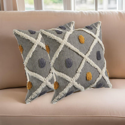 Set of Two Black and Yellow Striped Cotton Throw Pillows With Fringe