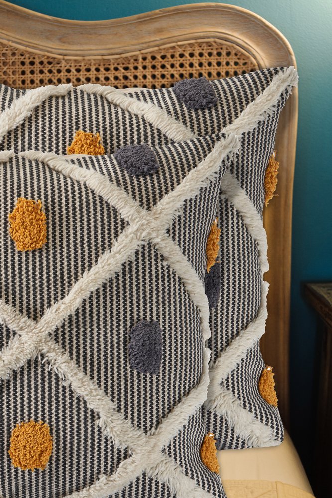 Set of Two Black and Yellow Striped Cotton Throw Pillows With Fringe