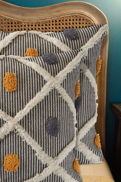 Set of Two Black and Yellow Striped Cotton Throw Pillows With Fringe