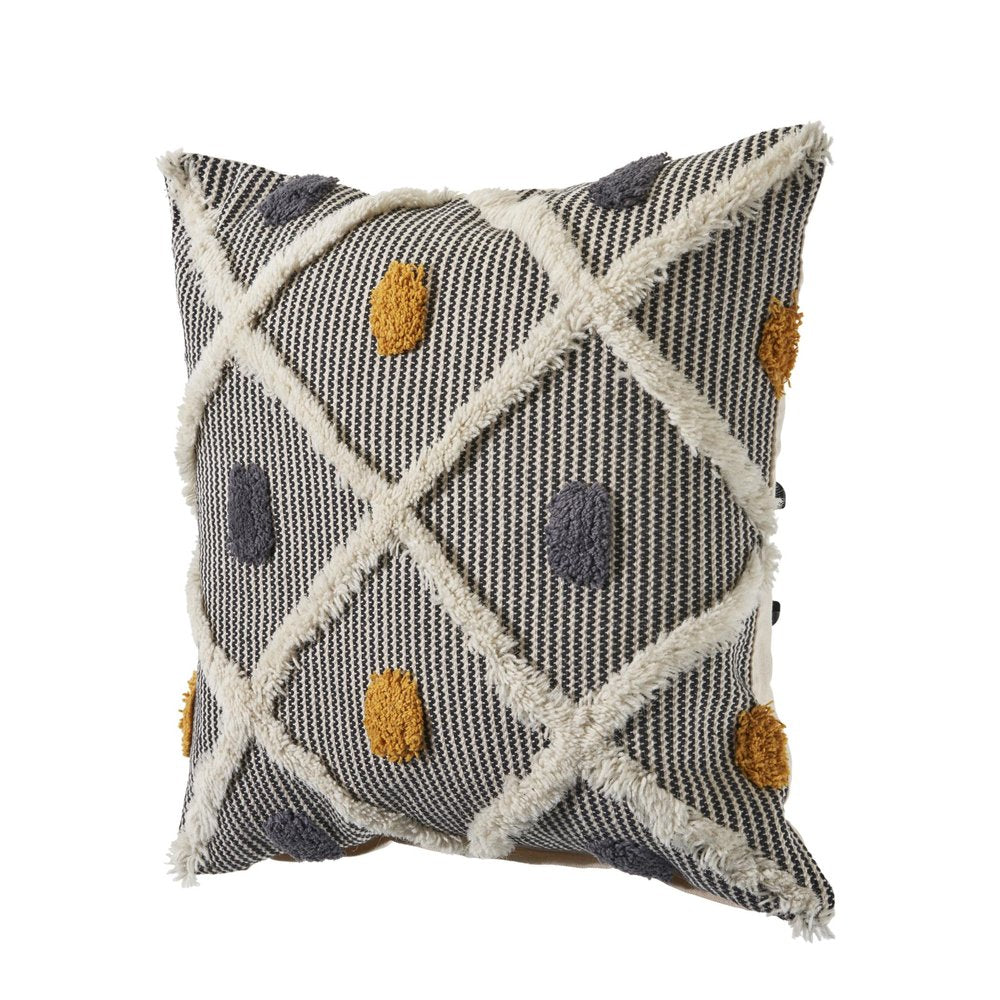 Set of Two 20" Black And Yellow Striped Cotton Throw Pillows with Fringe