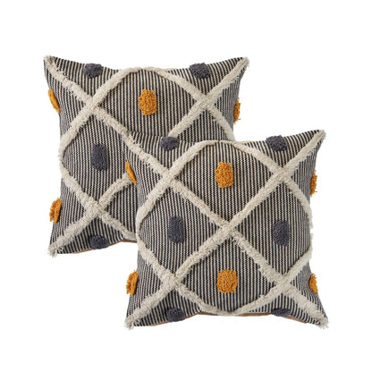 Set of Two 20" Black And Yellow Striped Cotton Throw Pillows with Fringe