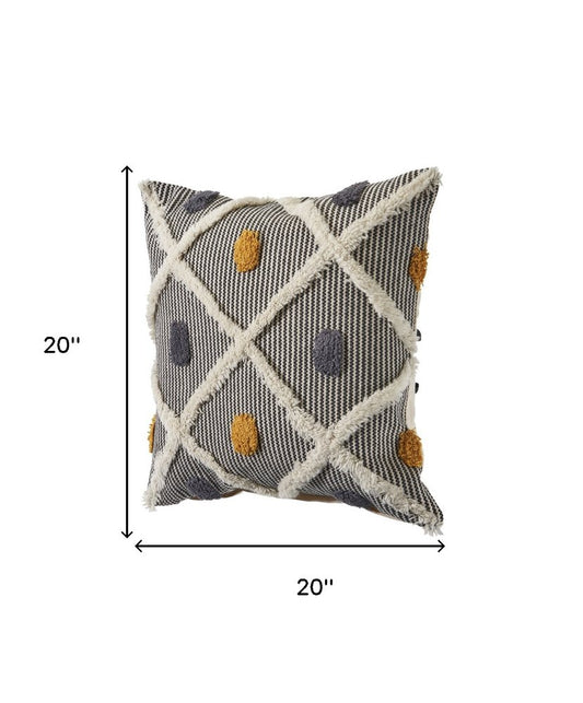 Set of Two 20" Black And Yellow Striped Cotton Throw Pillows with Fringe
