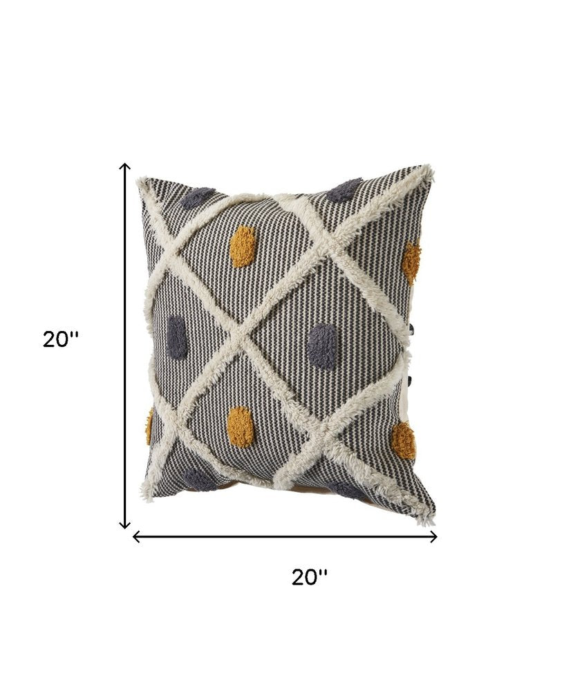 Set of Two 20" Black And Yellow Striped Cotton Throw Pillows with Fringe