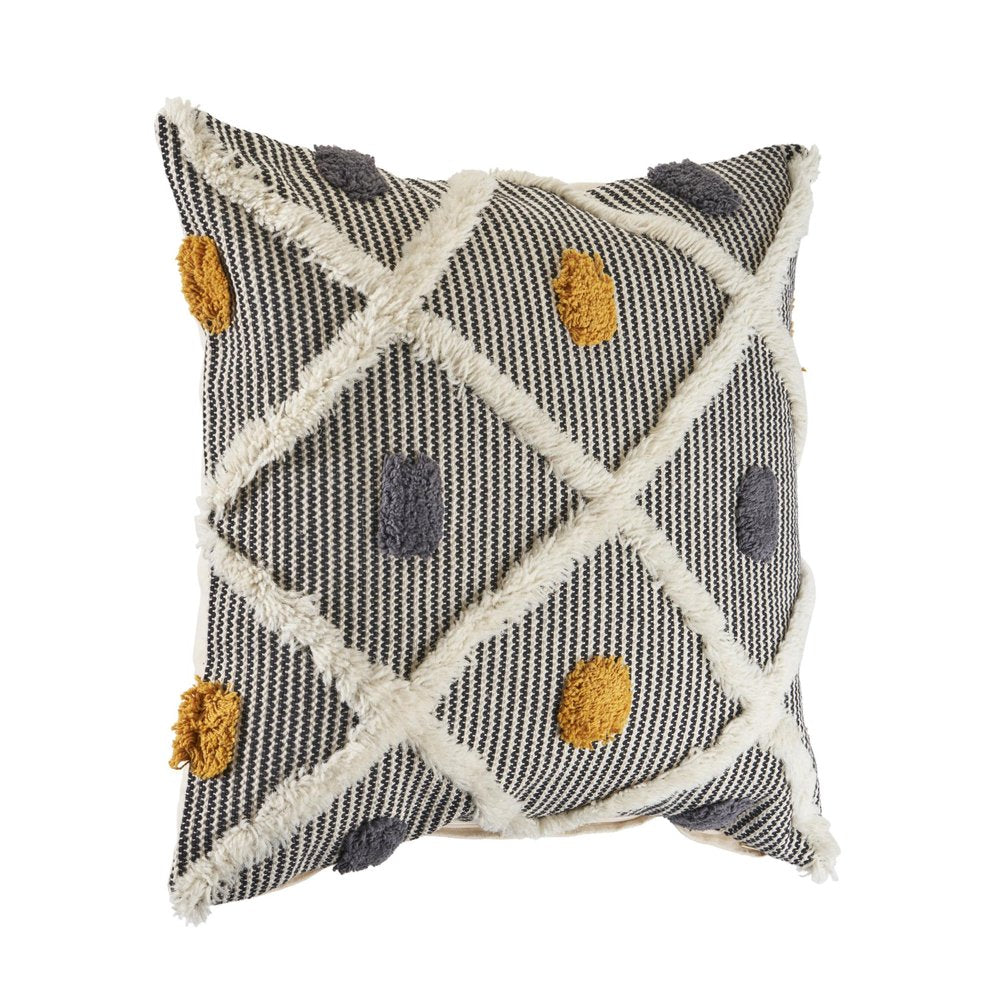 Set of Two 20" Black And Yellow Striped Cotton Throw Pillows with Fringe