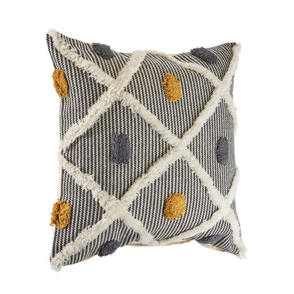 Set of Two 20" Black And Yellow Striped Cotton Throw Pillows with Fringe