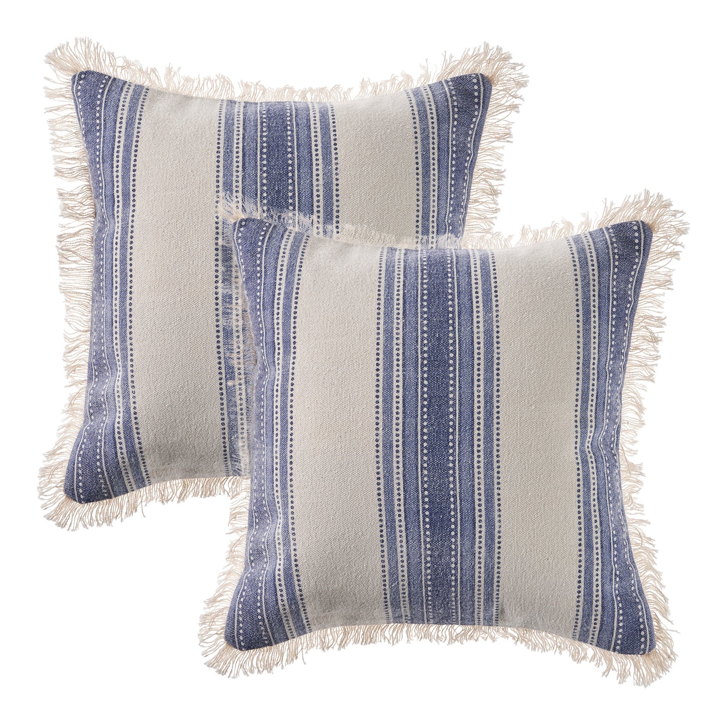 Set of Two Blue and Cream Striped Cotton Throw Pillow With Fringe