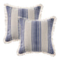 Set of Two Blue and Cream Striped Cotton Throw Pillow With Fringe