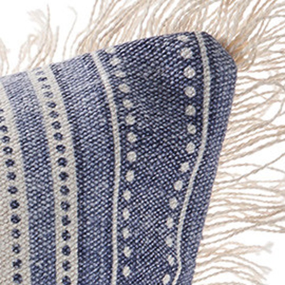 Set of Two 18" Blue and Cream Cotton Throw Pillows with Fringe