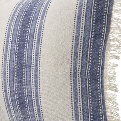 Set of Two Blue and Cream Striped Cotton Throw Pillow With Fringe