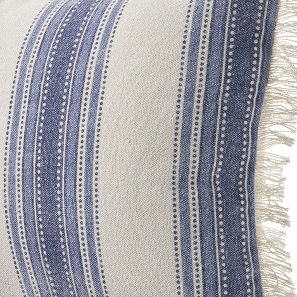 Set of Two 18" Blue and Cream Cotton Throw Pillows with Fringe