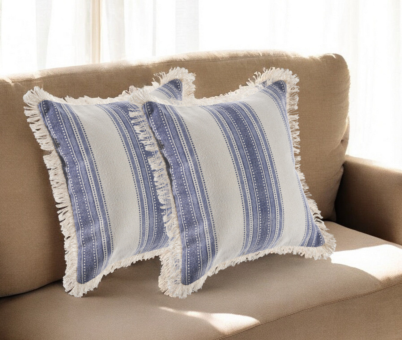 Set of Two Blue and Cream Striped Cotton Throw Pillow With Fringe