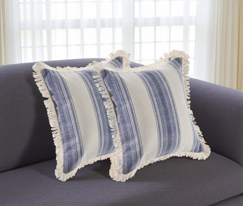 Set of Two 18" Blue and Cream Cotton Throw Pillows with Fringe