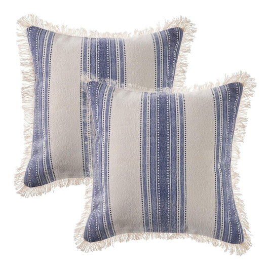 Set of Two 18" Blue and Cream Cotton Throw Pillows with Fringe