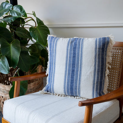 Set of Two 18" Blue and Cream Cotton Throw Pillows with Fringe