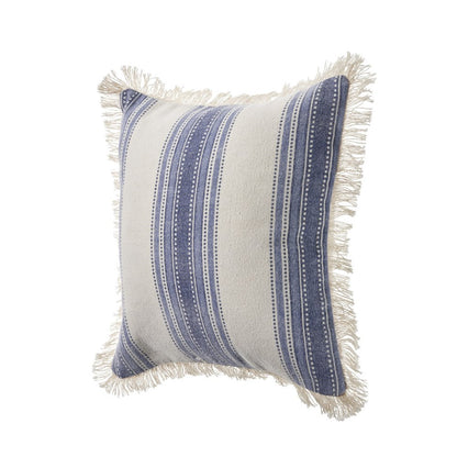 Set of Two 18" Blue and Cream Cotton Throw Pillows with Fringe