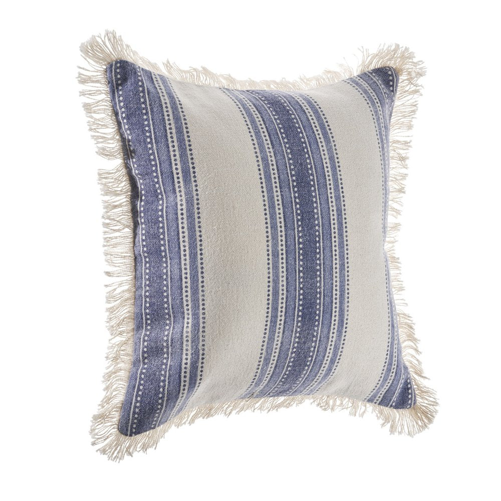 Set of Two 18" Blue and Cream Cotton Throw Pillows with Fringe