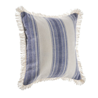 Set of Two 18" Blue and Cream Cotton Throw Pillows with Fringe