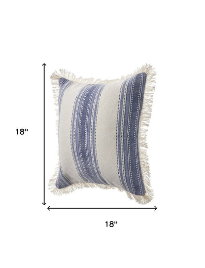Set of Two 18" Blue and Cream Cotton Throw Pillows with Fringe