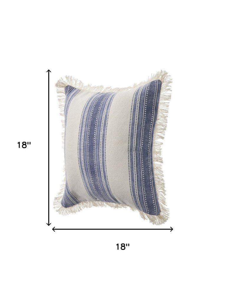 Set of Two 18" Blue and Cream Cotton Throw Pillows with Fringe