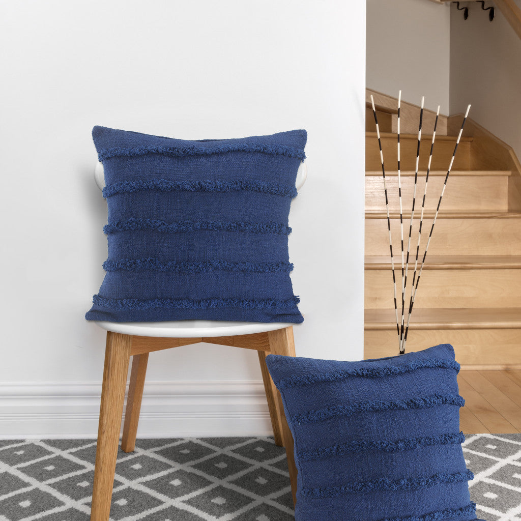 Set of Two Blue Ribbed Cotton Throw Pillow With Fringe