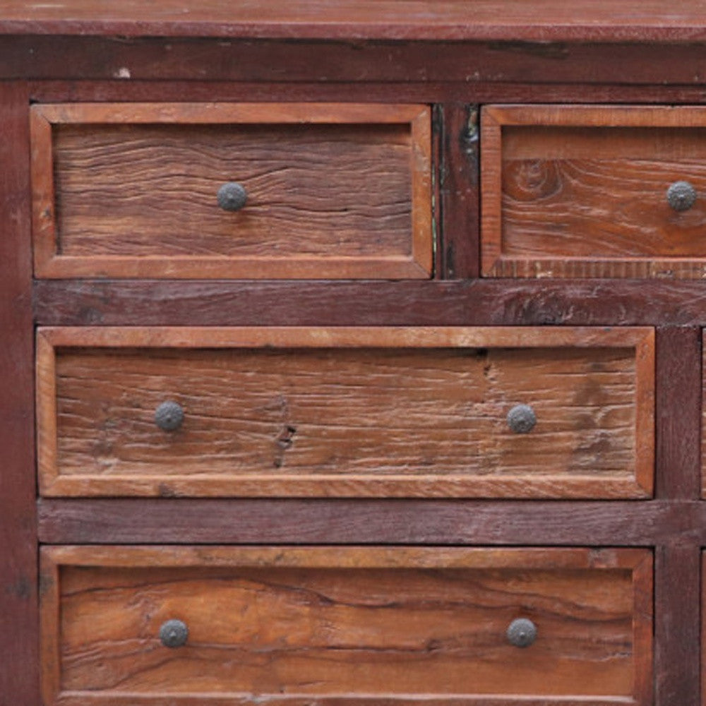 64" Brown Distressed Solid and Reclaimed Wood Seven Drawer Double Dresser